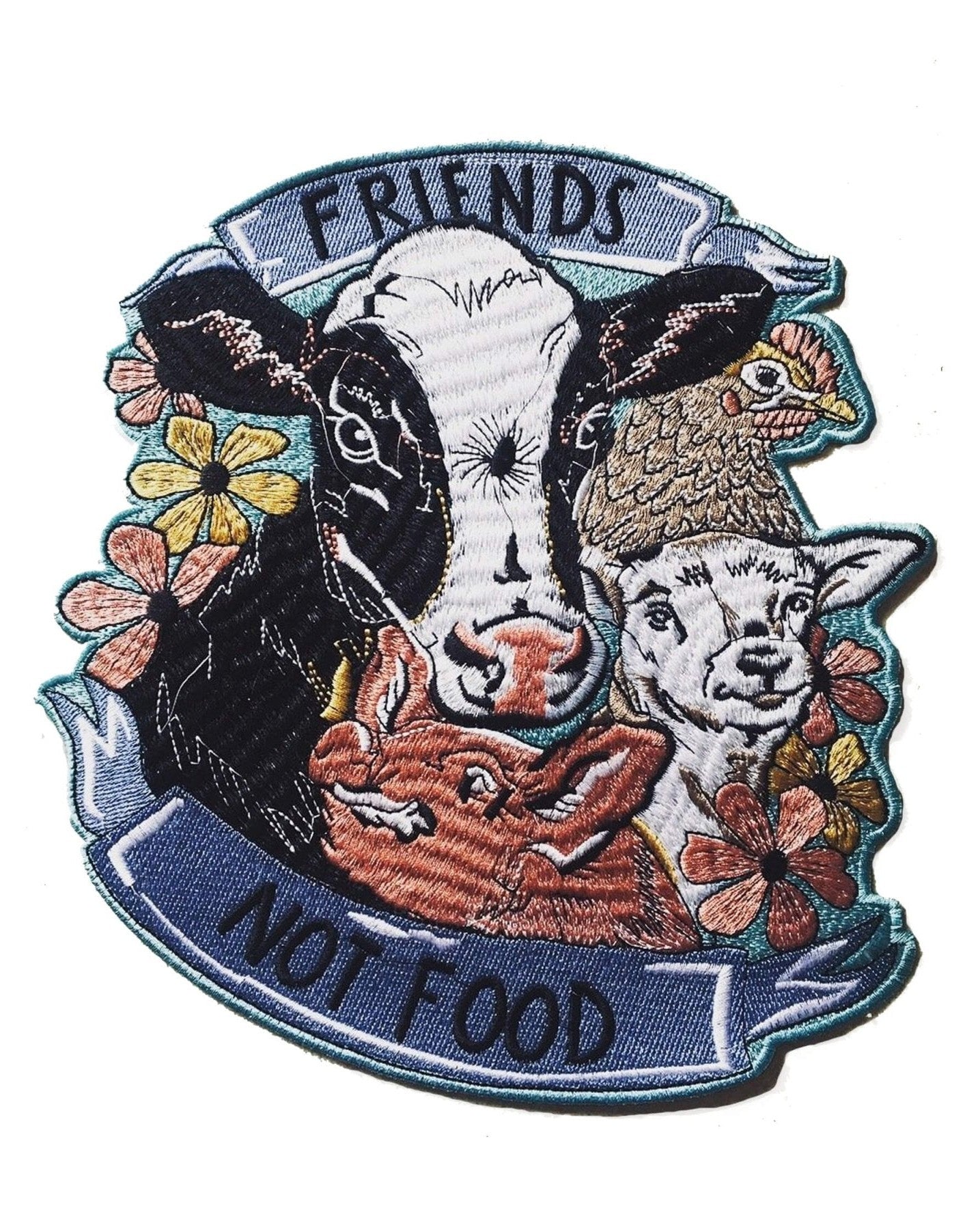 Embroidered charity patch XL , friends not food by eco-ethical brand Viva La Vegan