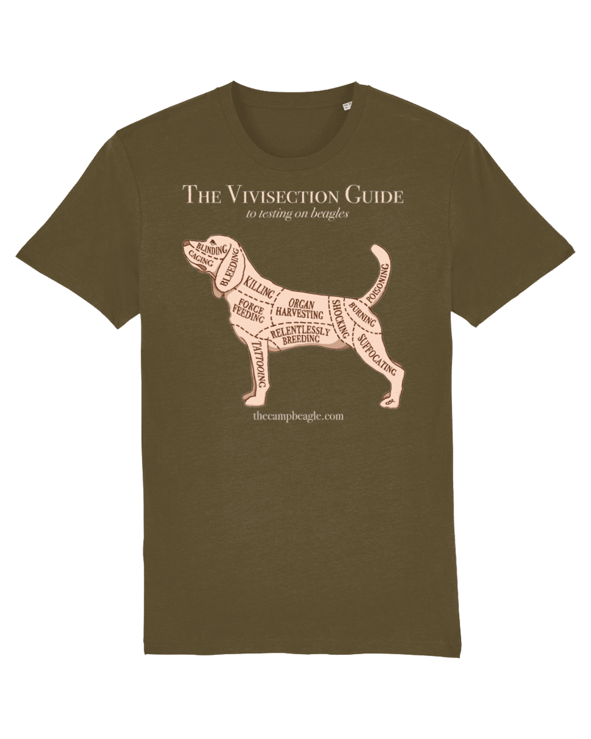 CAMP BEAGLE Design Competition T-SHIRT – THE VIVISECTION GUIDE (AVAILABLE IN 4 COLOURS)