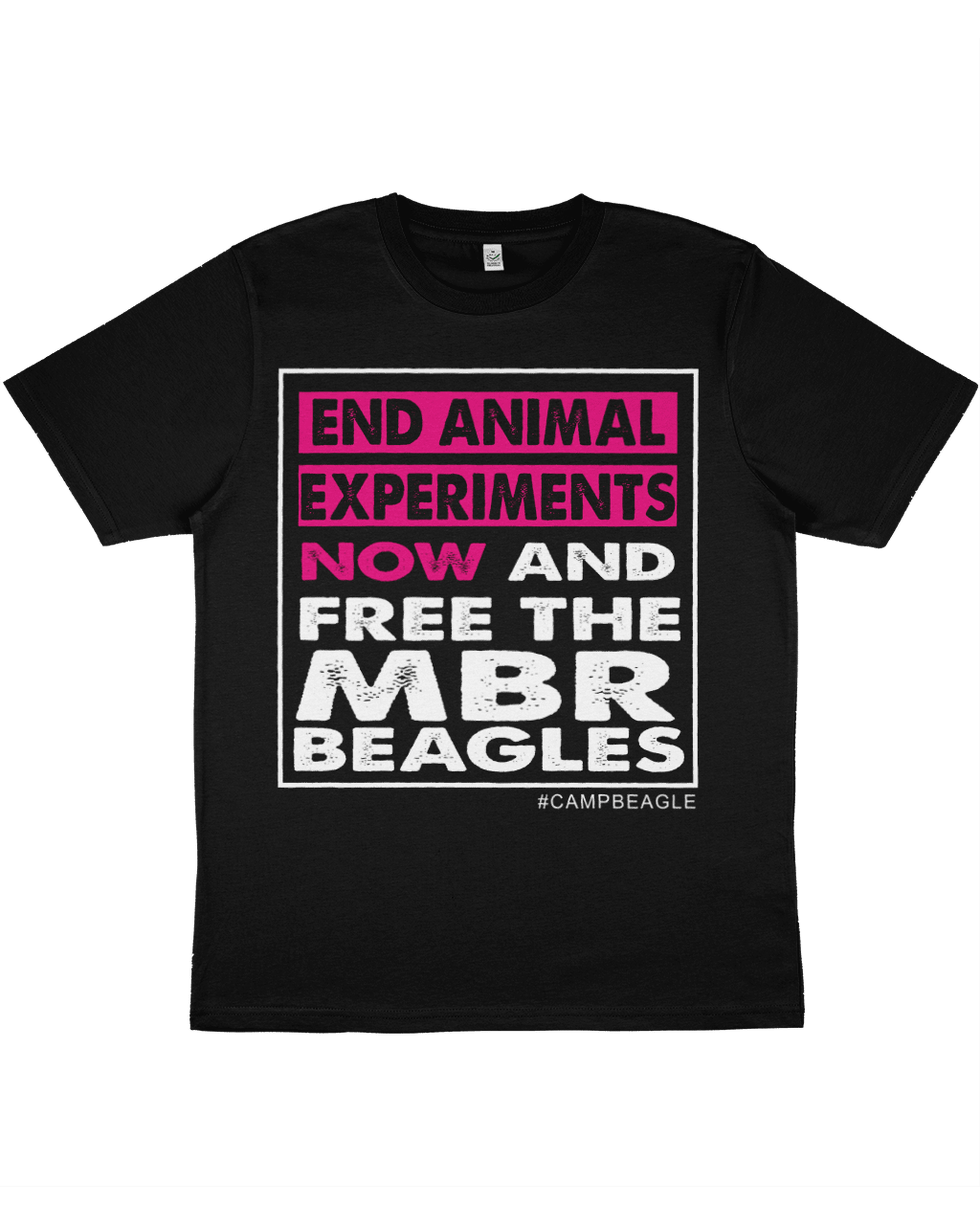 Camp Beagle Official Unisex Tshirt : End Experiments Now : Black/Pink