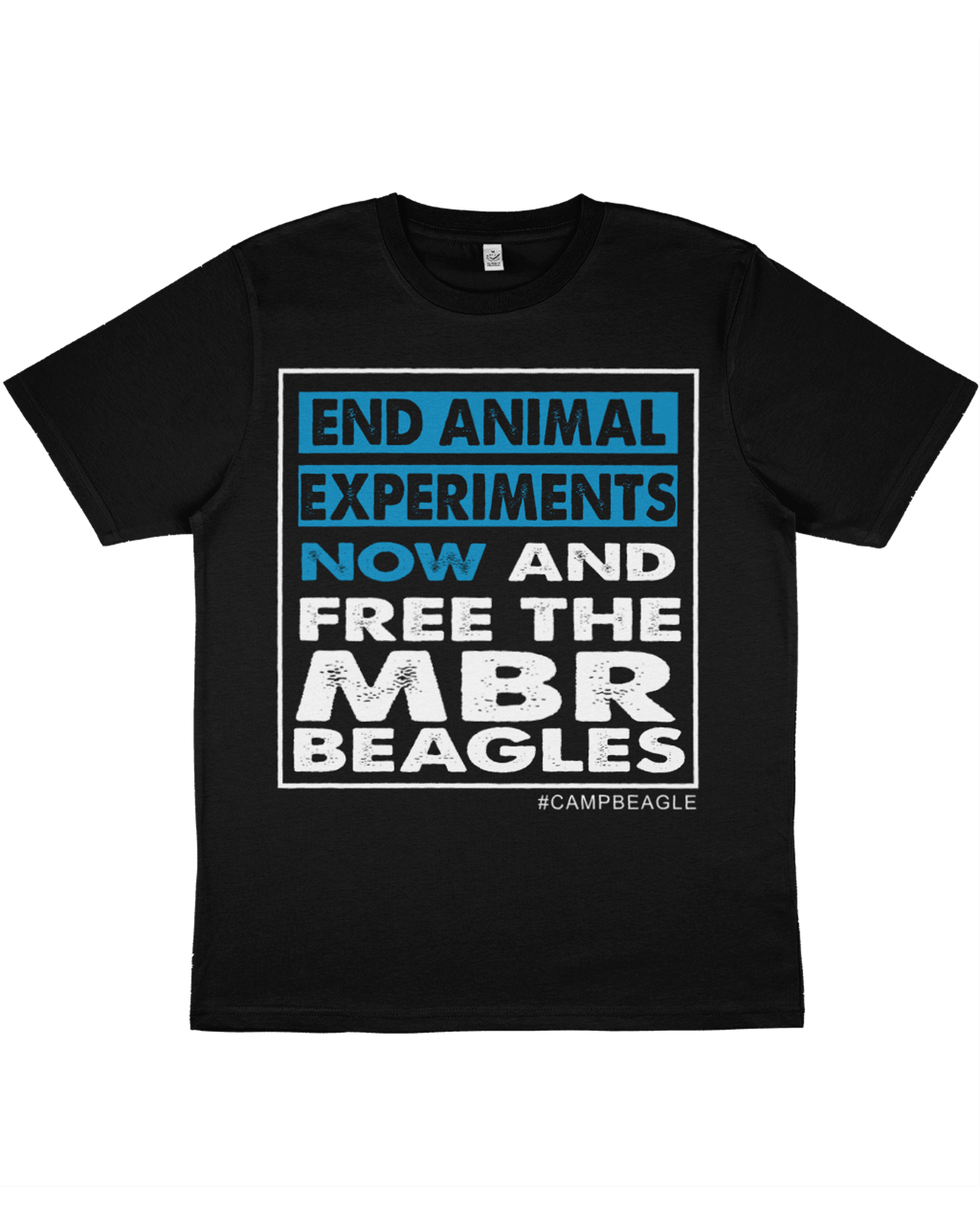 Camp Beagle Official Unisex Tshirt : End Experiments Now : Black/Turq