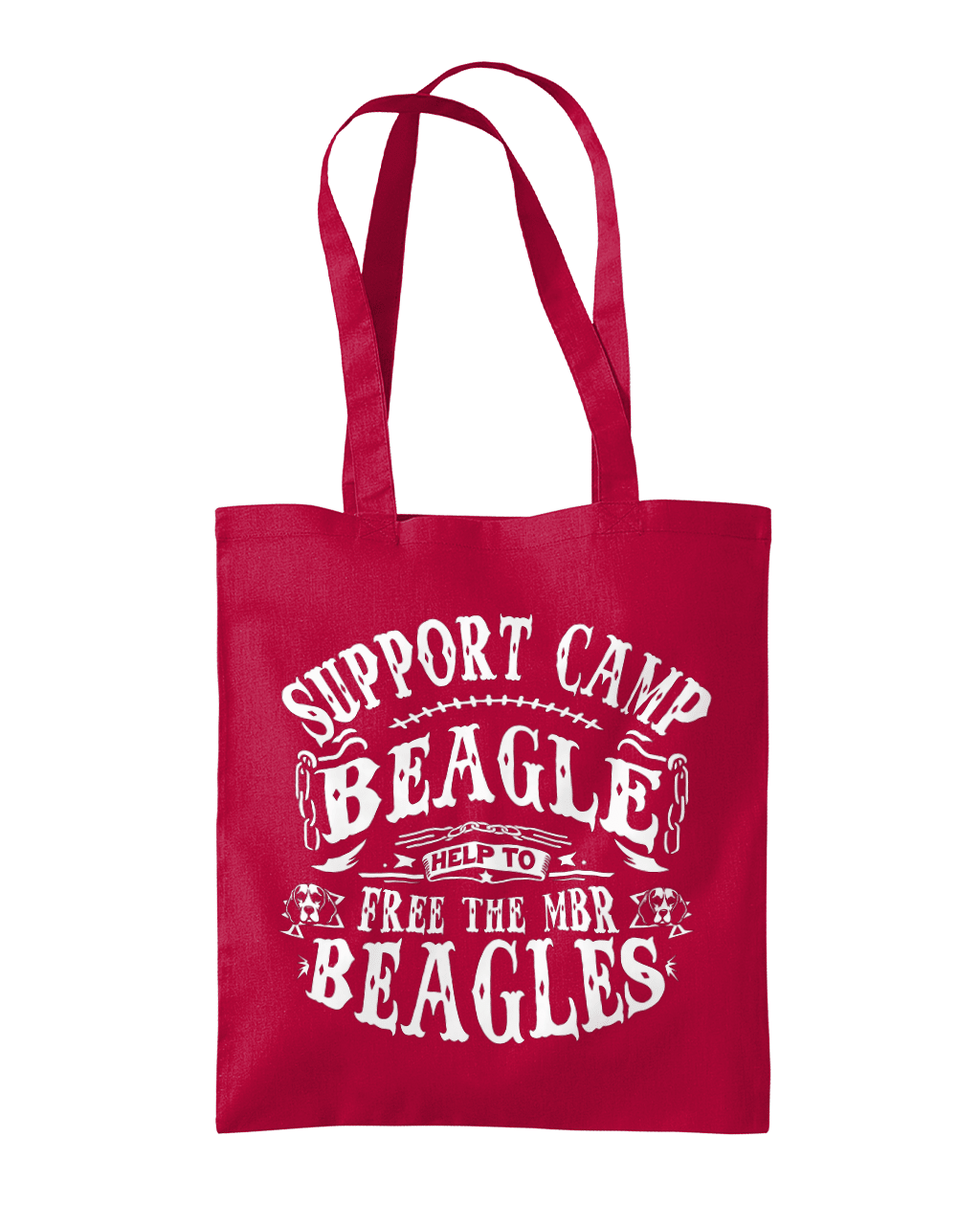 Camp beagle text design tote flatlay . red bad with white print.