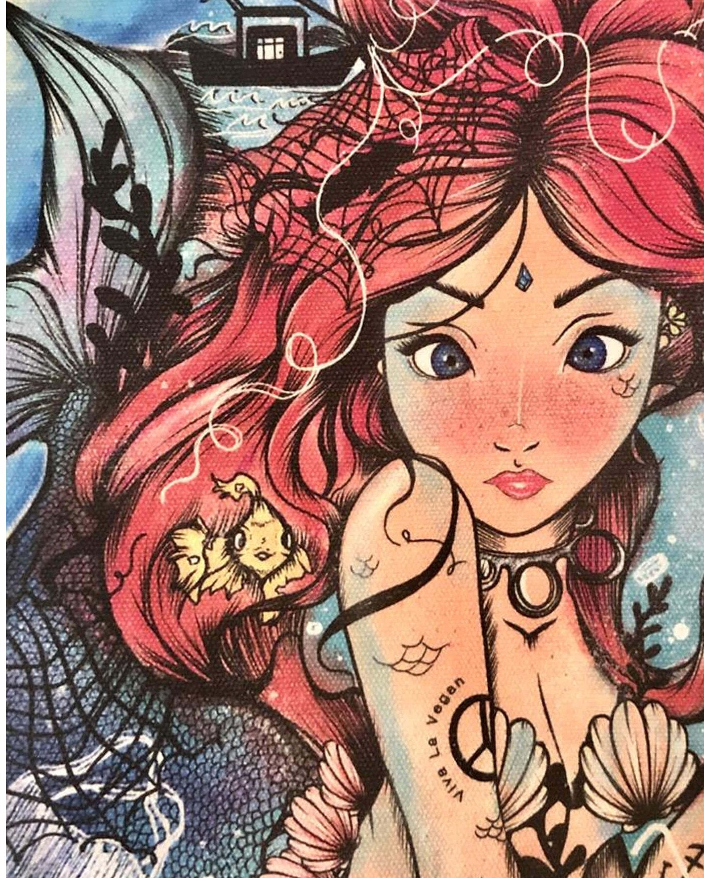 Mermaid bag close up of watercolour illustration