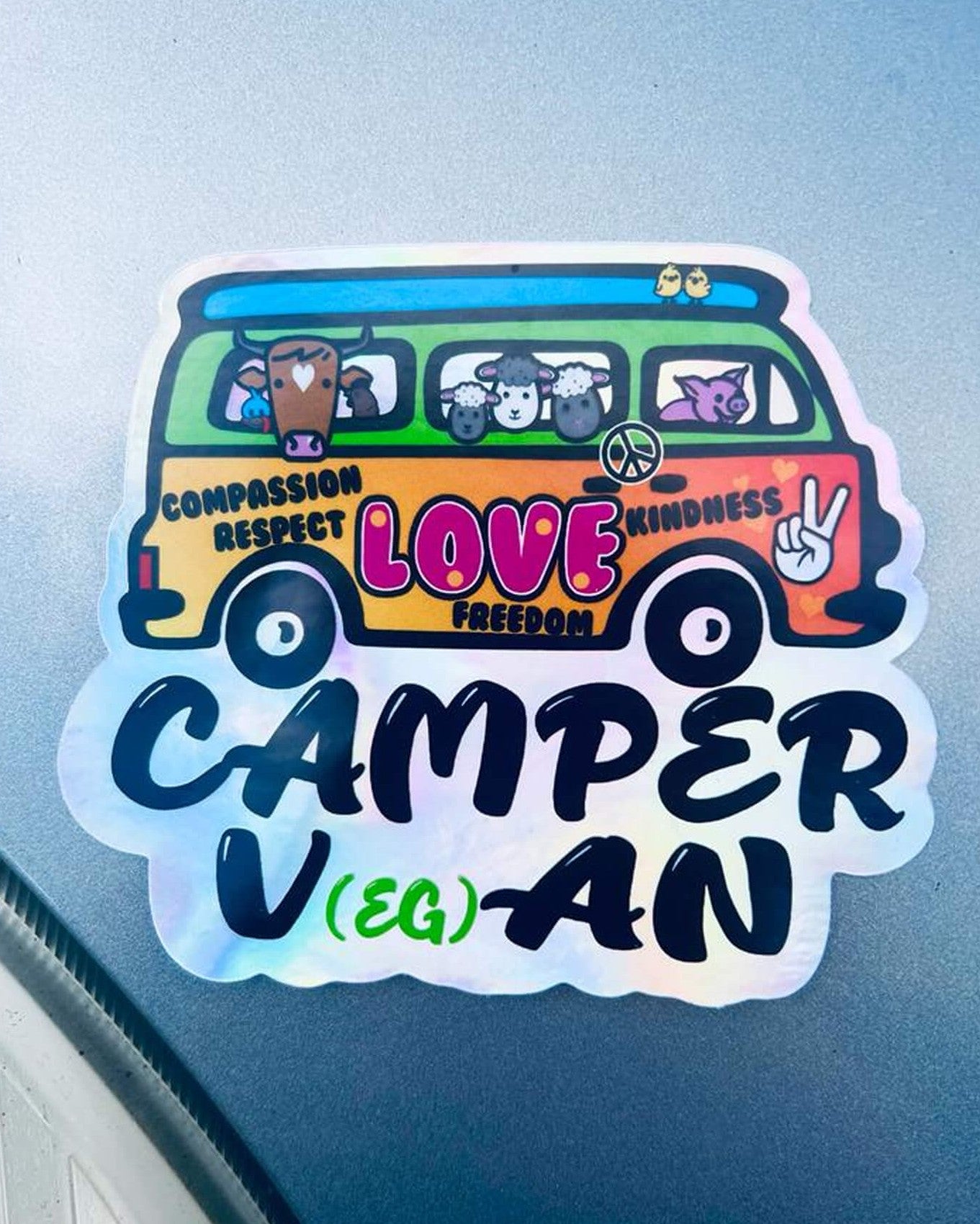 Vegan Camper Van holographic vinyl sticker. By Eco ethical brand Viva La Vegan