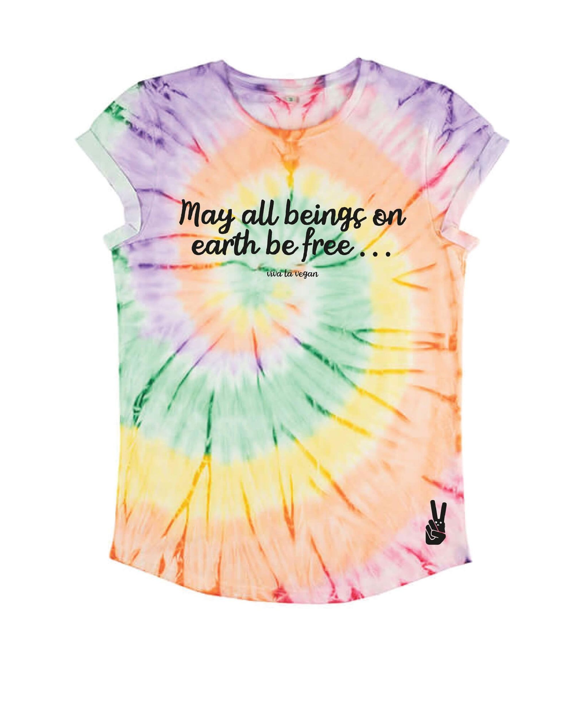may all beings be free regular fit tie-dye tshirt by eco-ethical brand Viva La Vegan