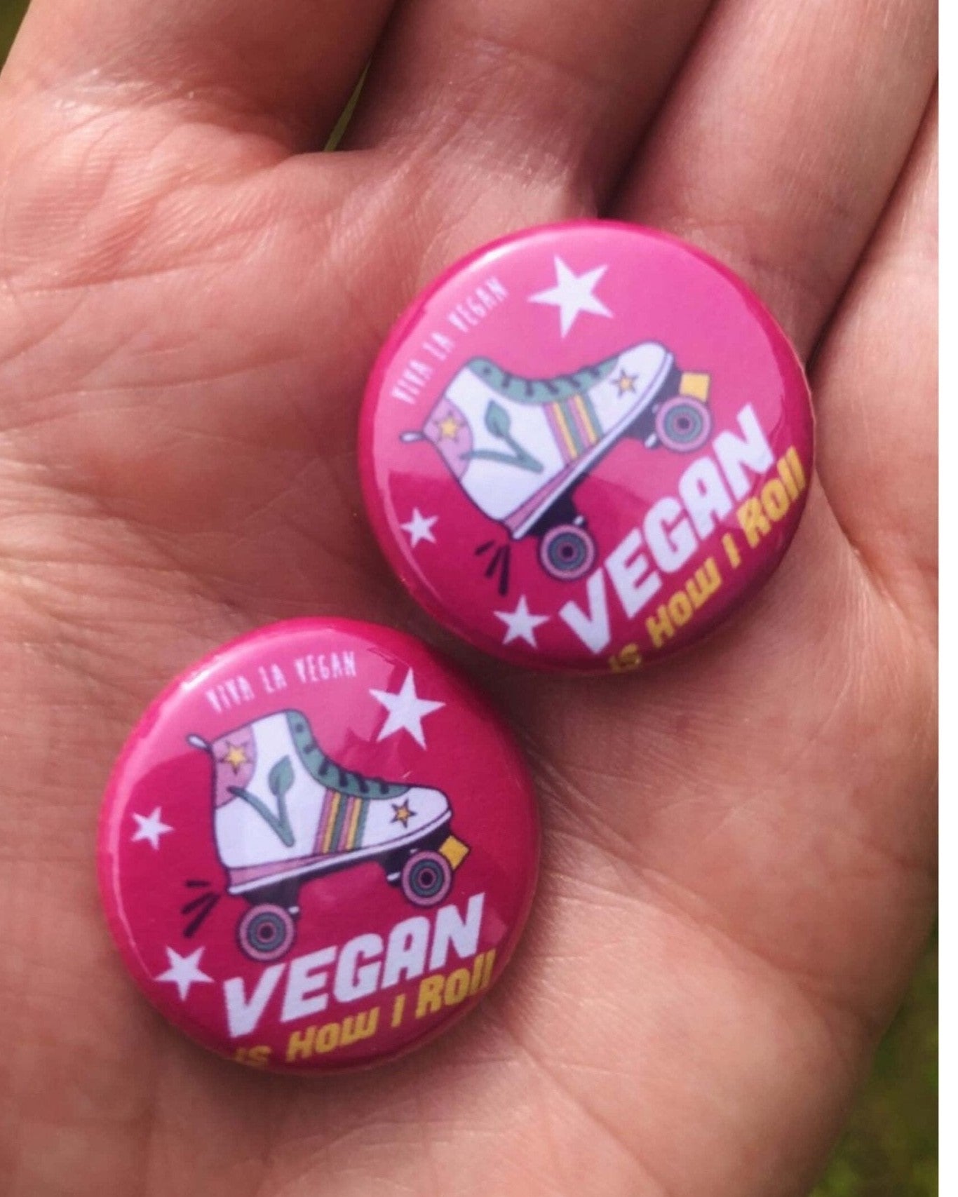 Vegan skater - this is how I roll 25mm pin by eco ethical brand Via La Vegan