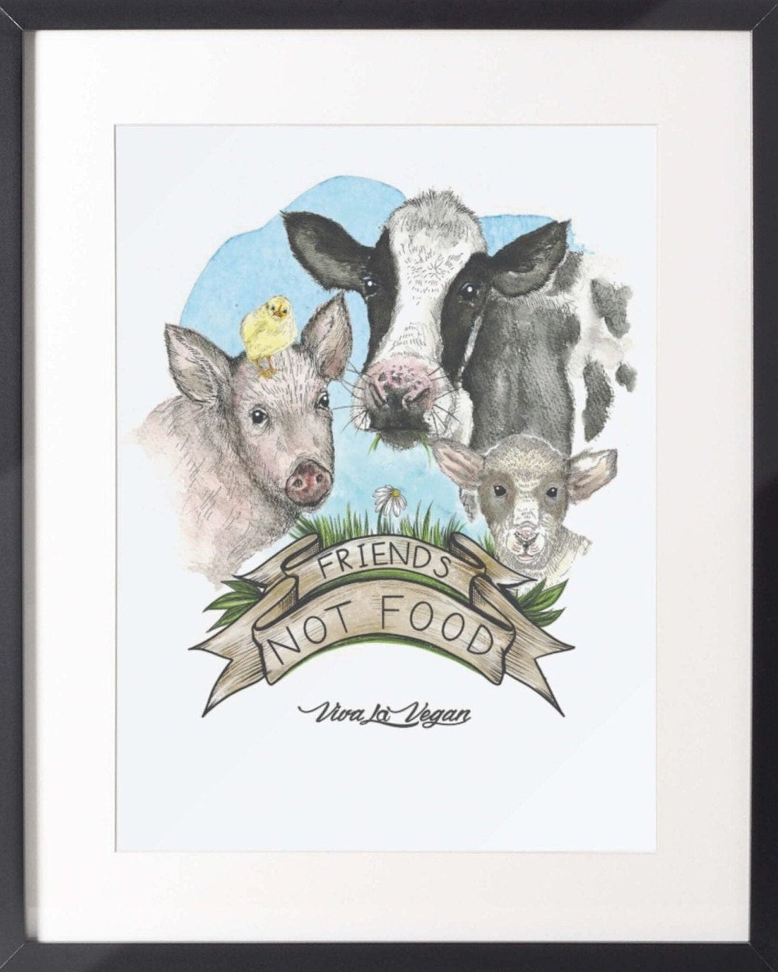 Vegan Art Print. Friends not food. Heavy 300 grm paper. Comes unframed. By eco-ethical brand Viva La Vegan