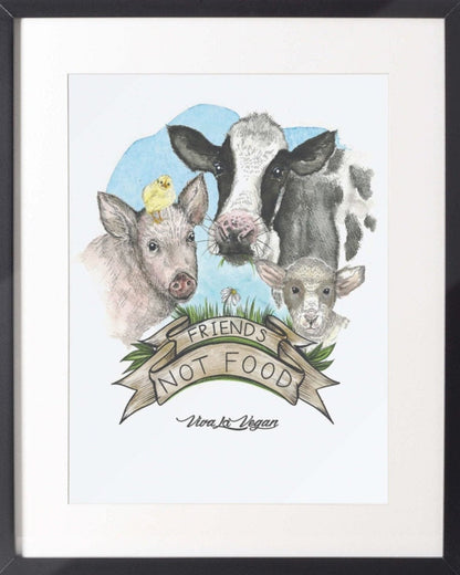 Vegan Art Print. Friends not food. Heavy 300 grm paper. Comes unframed. By eco-ethical brand Viva La Vegan
