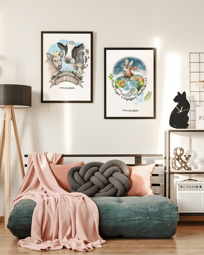 2 Vegan Art Prints. Friends not food. Heavy 300 grm paper. Comes unframed. By eco-ethical brand Viva La Vegan