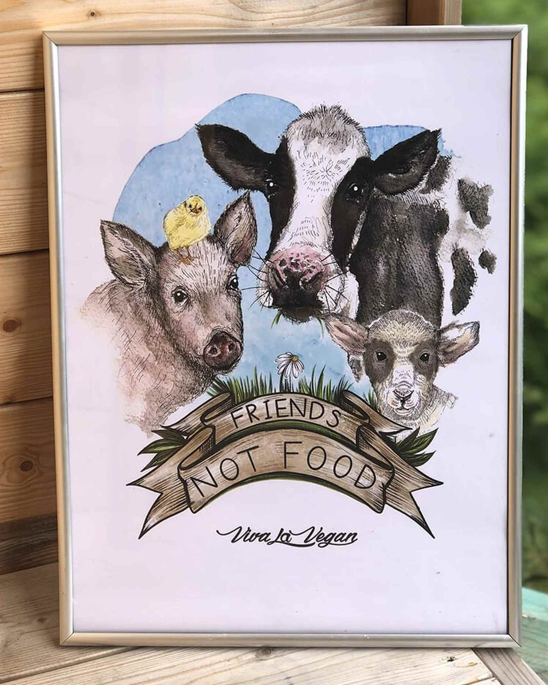 Vegan Art Print. Friends not food. Heavy 300 grm paper. Comes unframed. By eco-ethical brand Viva La Vegan