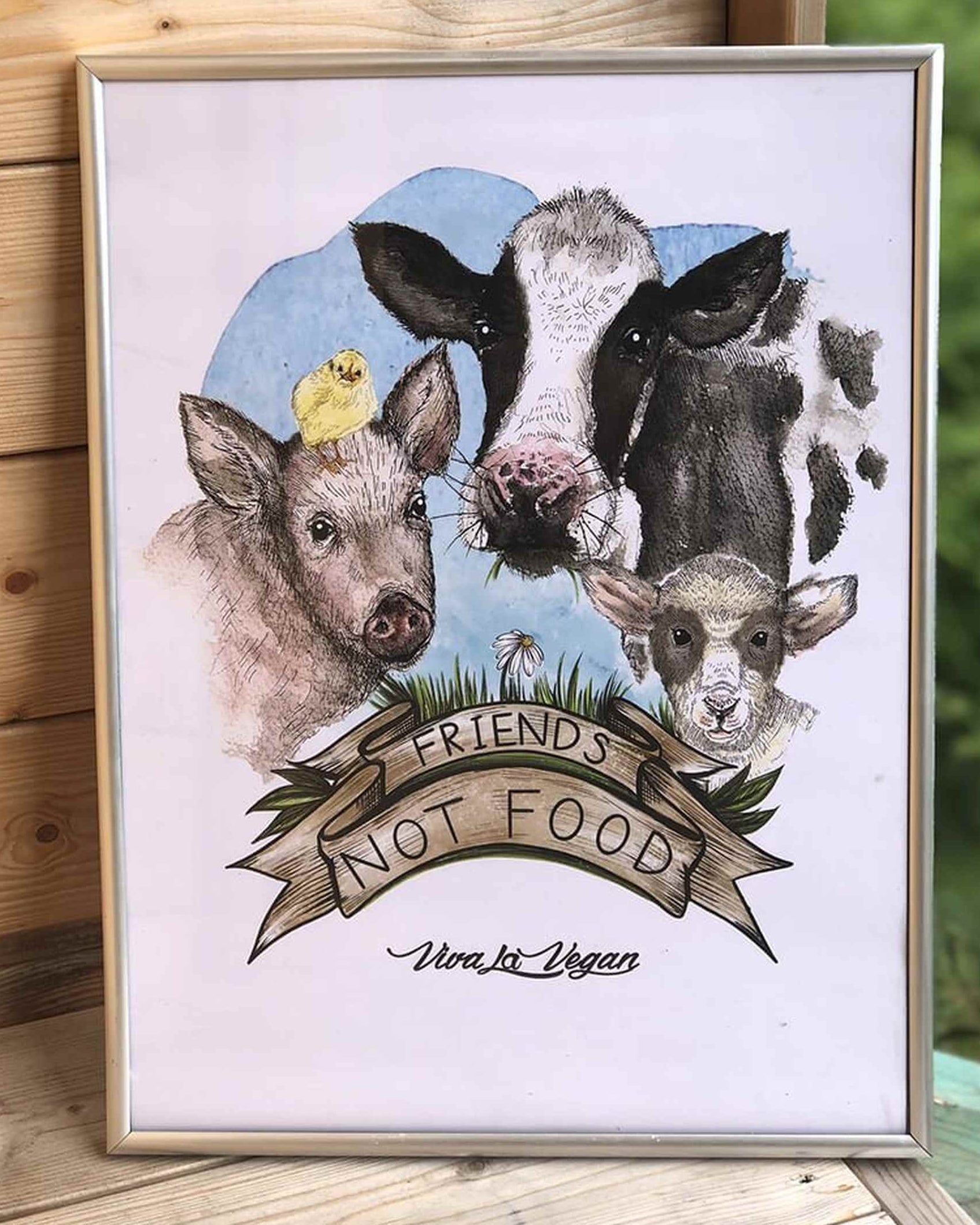 Vegan Art Print. Friends not food. Heavy 300 grm paper. Comes unframed. By eco-ethical brand Viva La Vegan