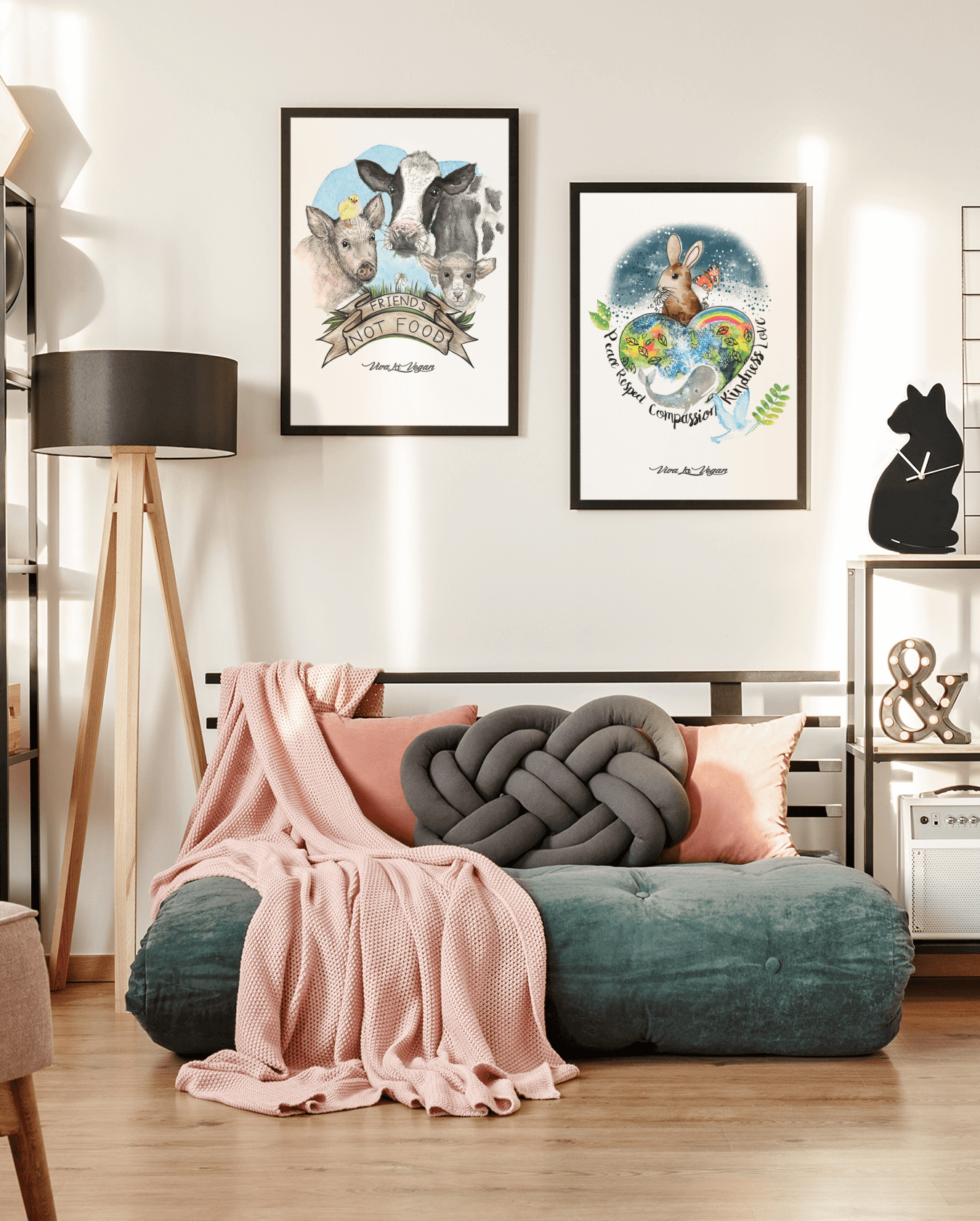 2 Vegan Art Prints. Friends not food. Heavy 300 grm paper. Comes unframed. By eco-ethical brand Viva La Vegan