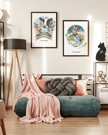 2 Vegan Art Prints. Friends not food. Heavy 300 grm paper. Comes unframed. By eco-ethical brand Viva La Vegan