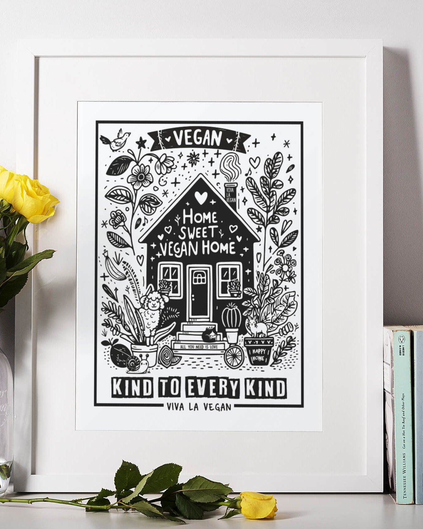 Black &amp; white print of a cute house surround with plants and animals with the text &
