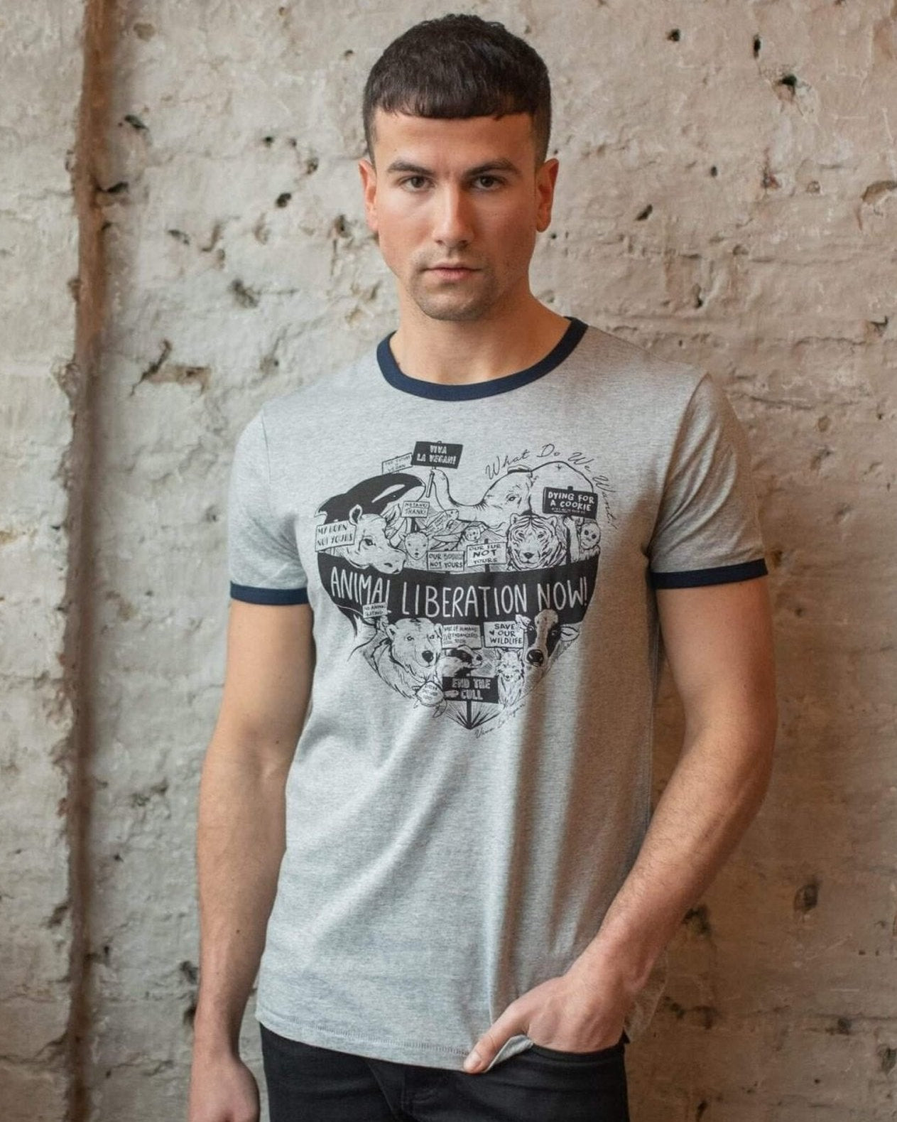 model wearing vegan cotton t shirt with animal liberation design