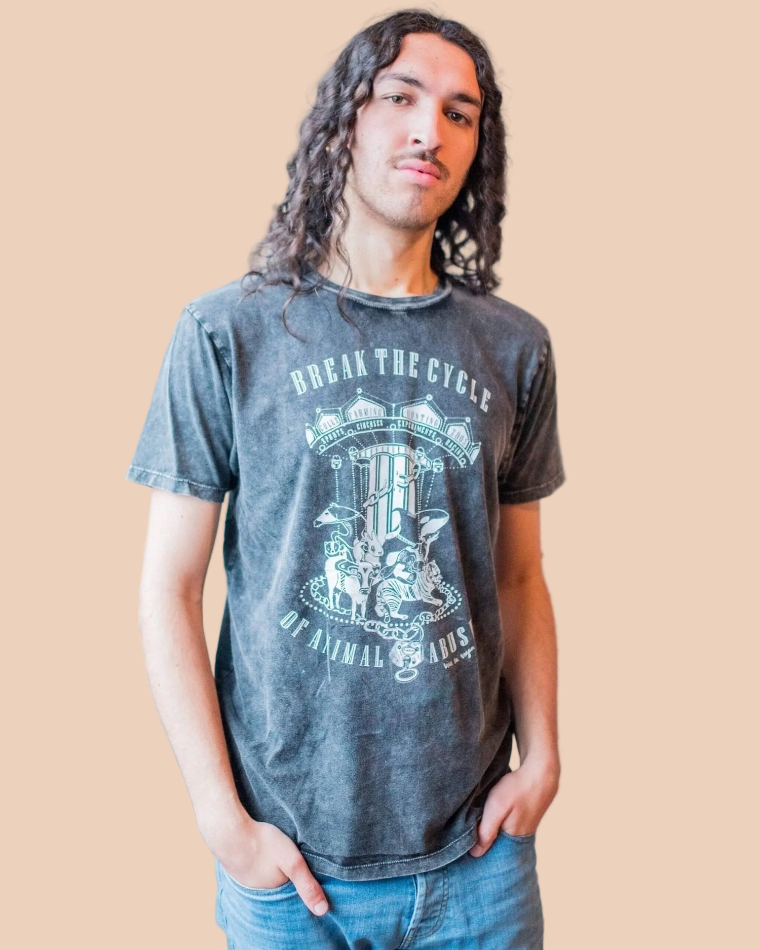 Male Model Wearing Acid Wash Break The Cycle Vegan Statement T Shirt as designed by eco ethical clothiing brand Viva La Vegan.