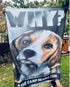 Large banner of the artwork WHY? with a large print of a painted beagles head
