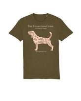 Khaki unisex style tshirt with a large torso print of a beagle with the text Guide To Vivisection.