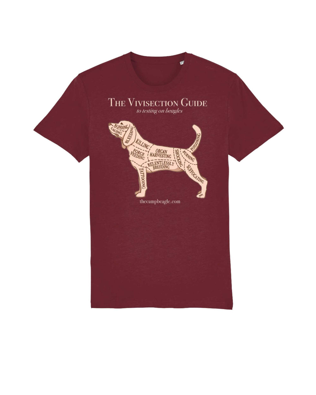 Burgundy unisex style tshirt with a large torso print of a beagle with the text Guide To Vivisection.