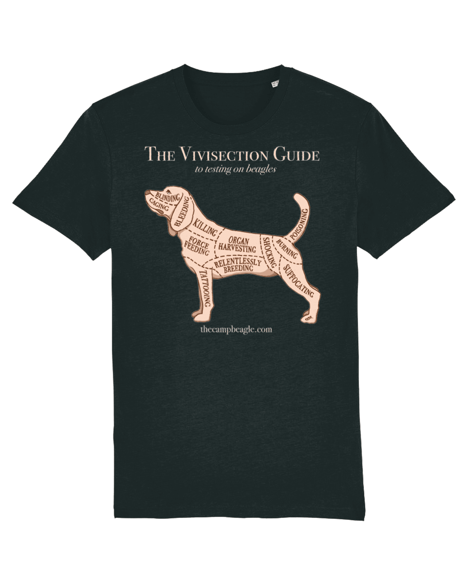 CAMP BEAGLE Design Competition T-SHIRT – THE VIVISECTION GUIDE (AVAILABLE IN 4 COLOURS)