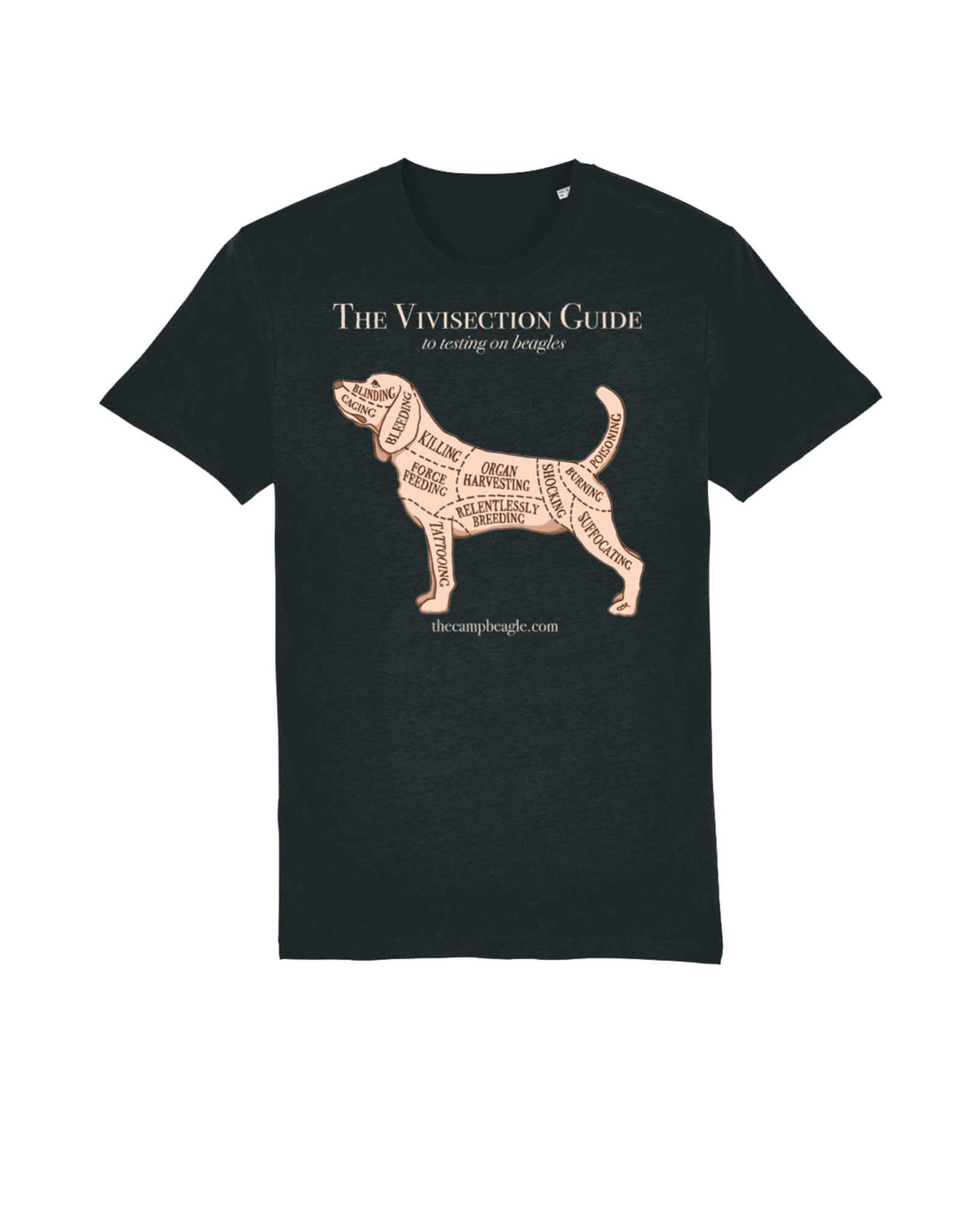 Black unisex style tshirt with a large torso print of a beagle with the text Guide To Vivisection.