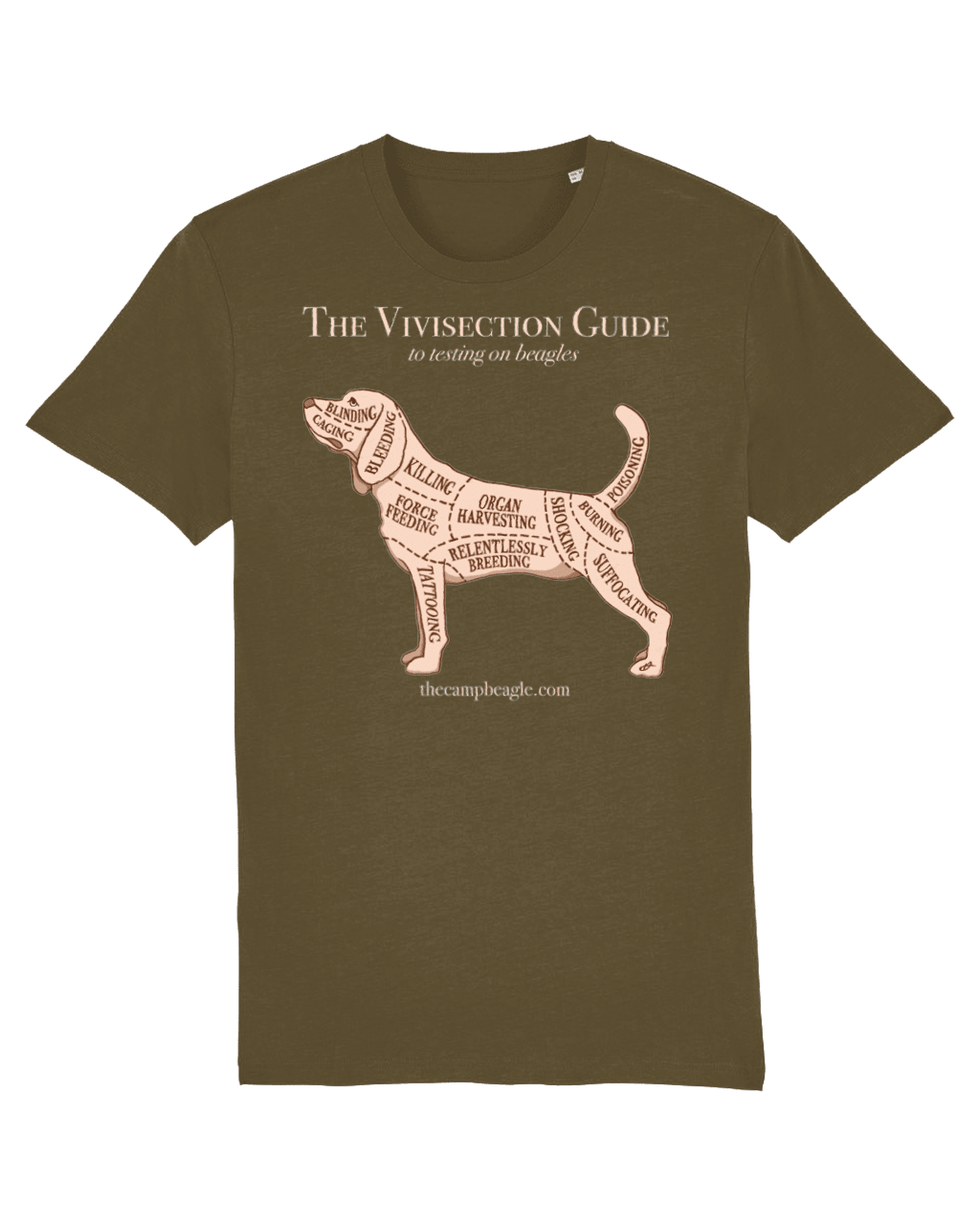 CAMP BEAGLE Design Competition T-SHIRT – THE VIVISECTION GUIDE (AVAILABLE IN 4 COLOURS)