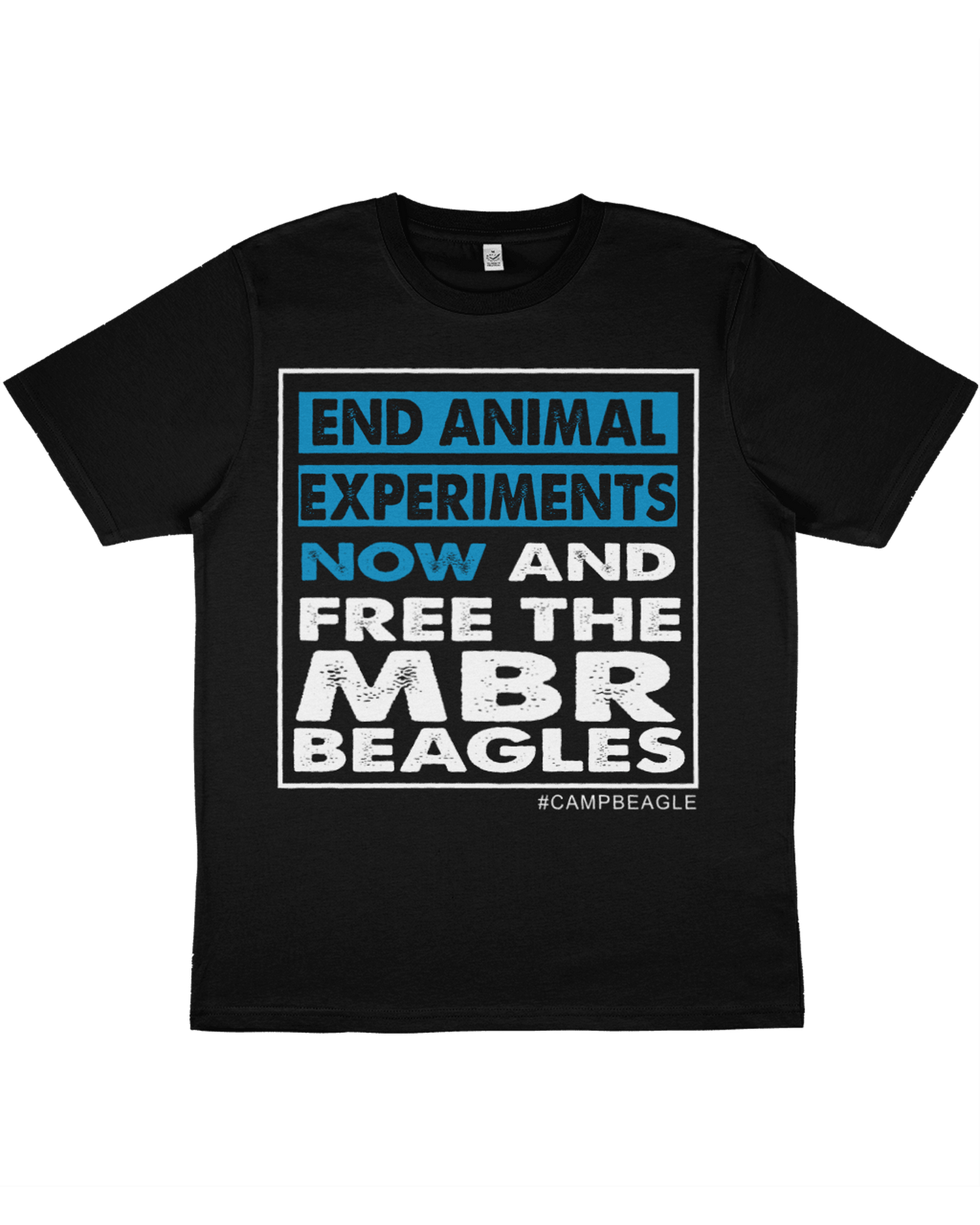 Camp Beagle Official Unisex Tshirt : End Experiments Now : Black/Turq