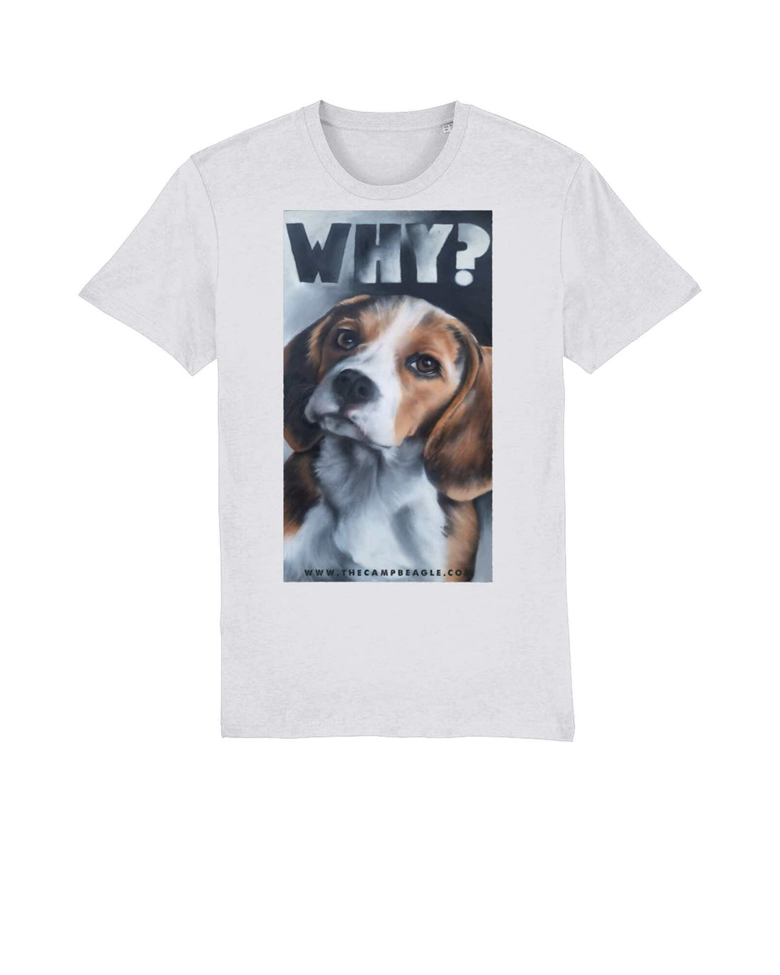 White unisex tshirt with are large central front chest painting of a beagle with the word WHY? at the top. Image taken from The original painting which is at Camp beagle. Tshirt by Viva La Vegan