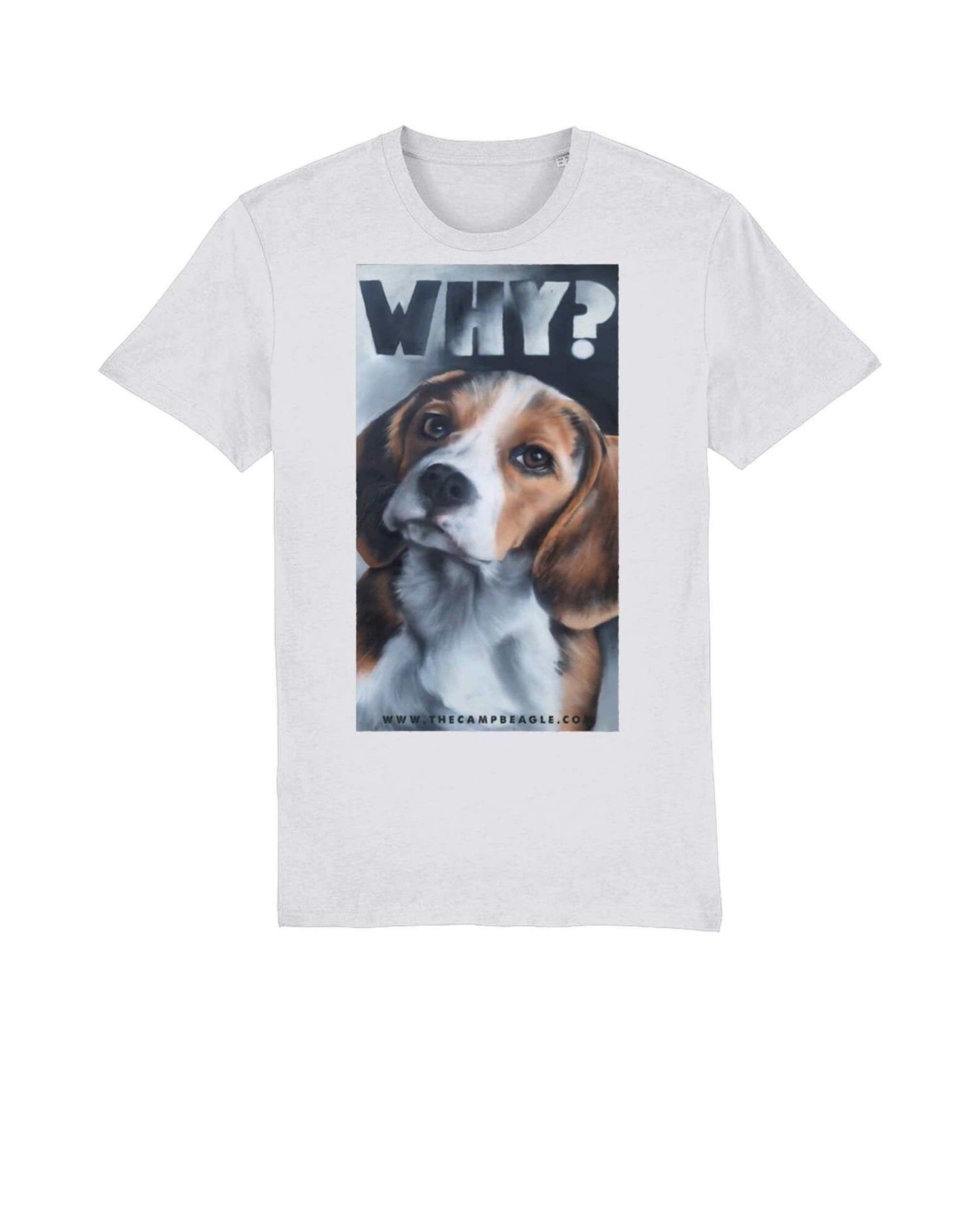White unisex tshirt with are large central front chest painting of a beagle with the word WHY? at the top. Image taken from The original painting which is at Camp beagle. Tshirt by Viva La Vegan