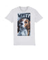 White unisex tshirt with are large central front chest painting of a beagle with the word WHY? at the top. Image taken from The original painting which is at Camp beagle. Tshirt by Viva La Vegan