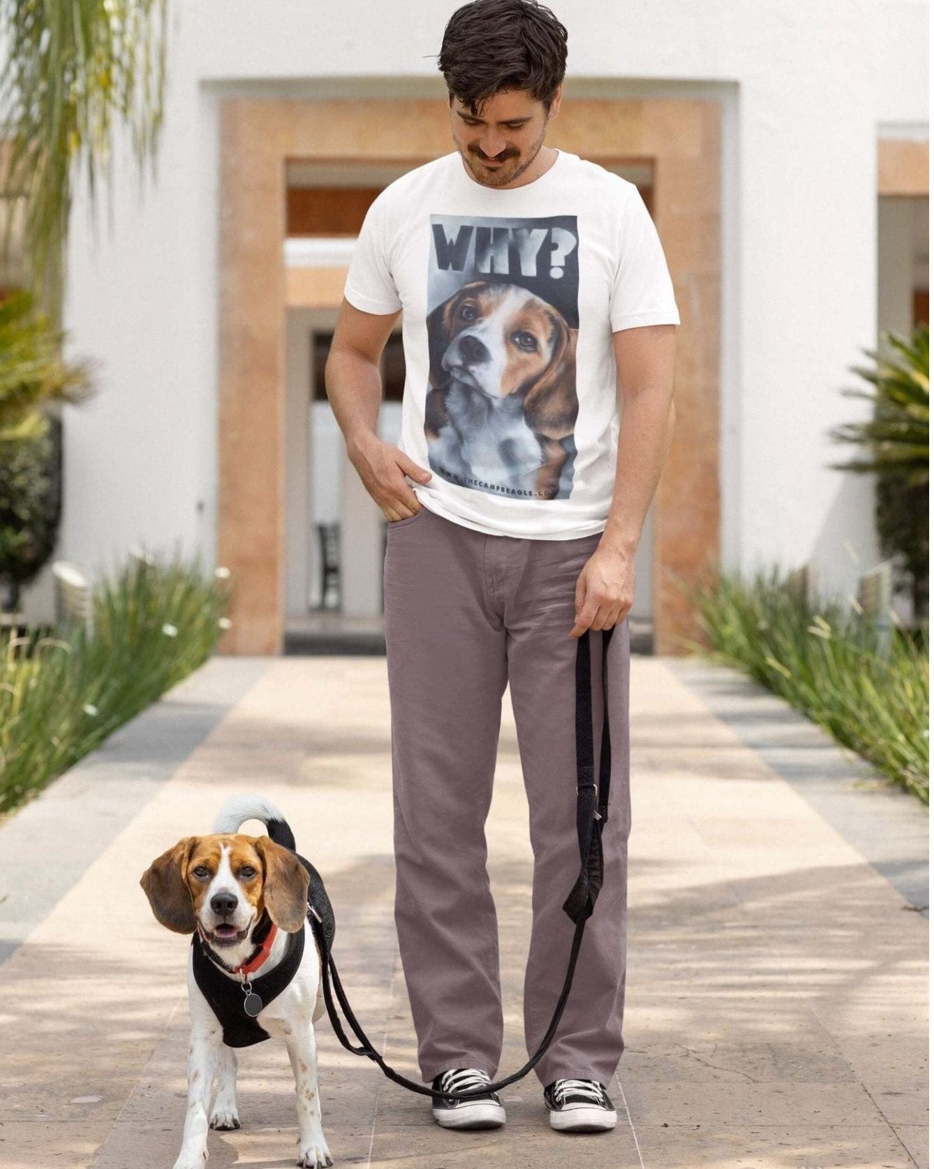 Man walking a beagle wearing brown trousers and a white shirt with a large painted beagle design with the word WHY. By Viva La Vegan