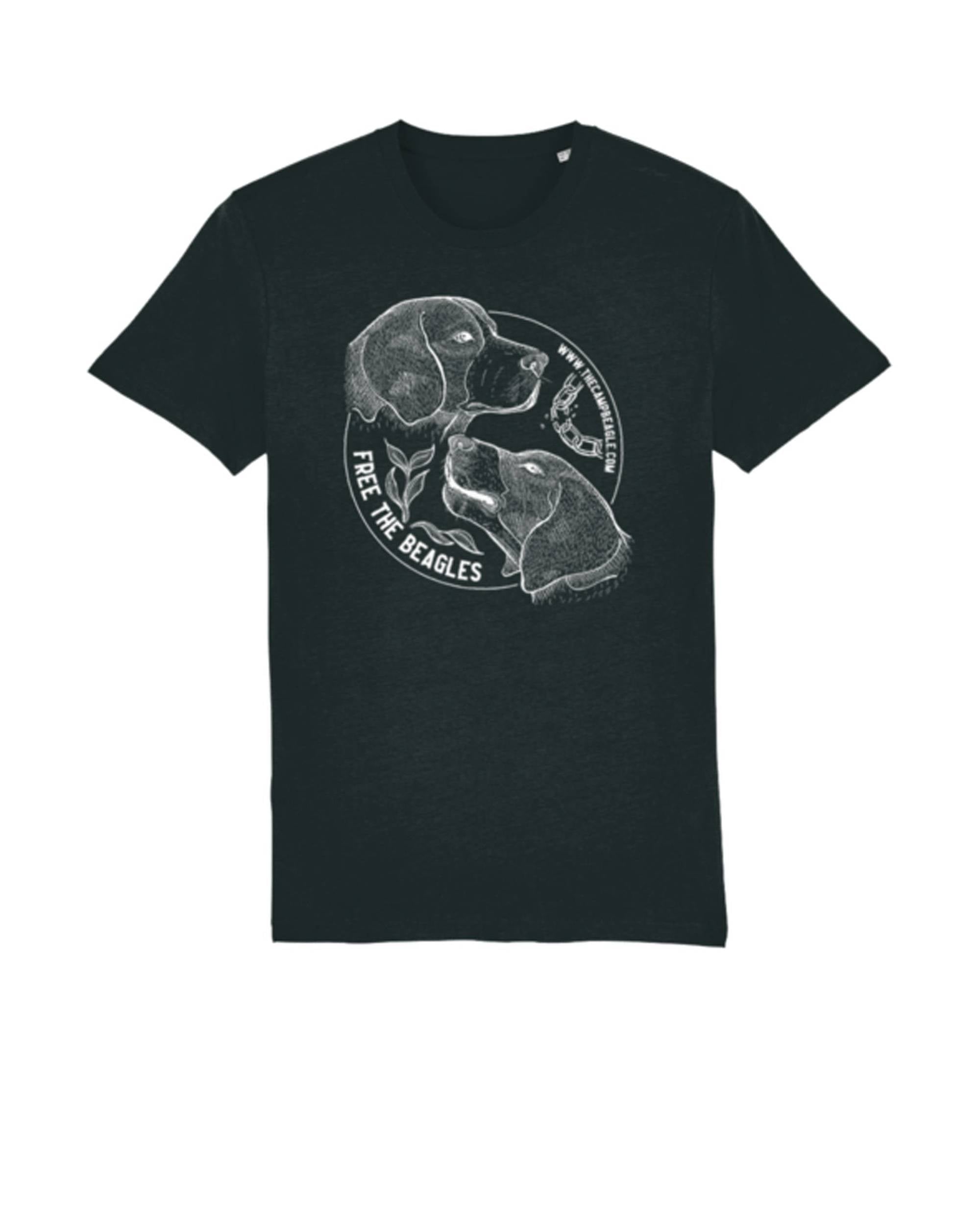 Camp beagle fundraising tshirt with line drawing of 2 beagle heads and a breaking chain. Black tshirt with a white print. by Viva La Vegan