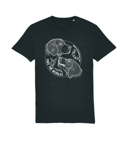 Camp beagle fundraising tshirt with line drawing of 2 beagle heads and a breaking chain. Black tshirt with a white print. by Viva La Vegan