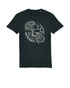 Camp beagle fundraising tshirt with line drawing of 2 beagle heads and a breaking chain. Black tshirt with a white print. by Viva La Vegan