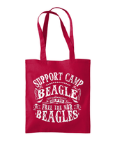 Camp beagle text design tote flatlay . red bad with white print.