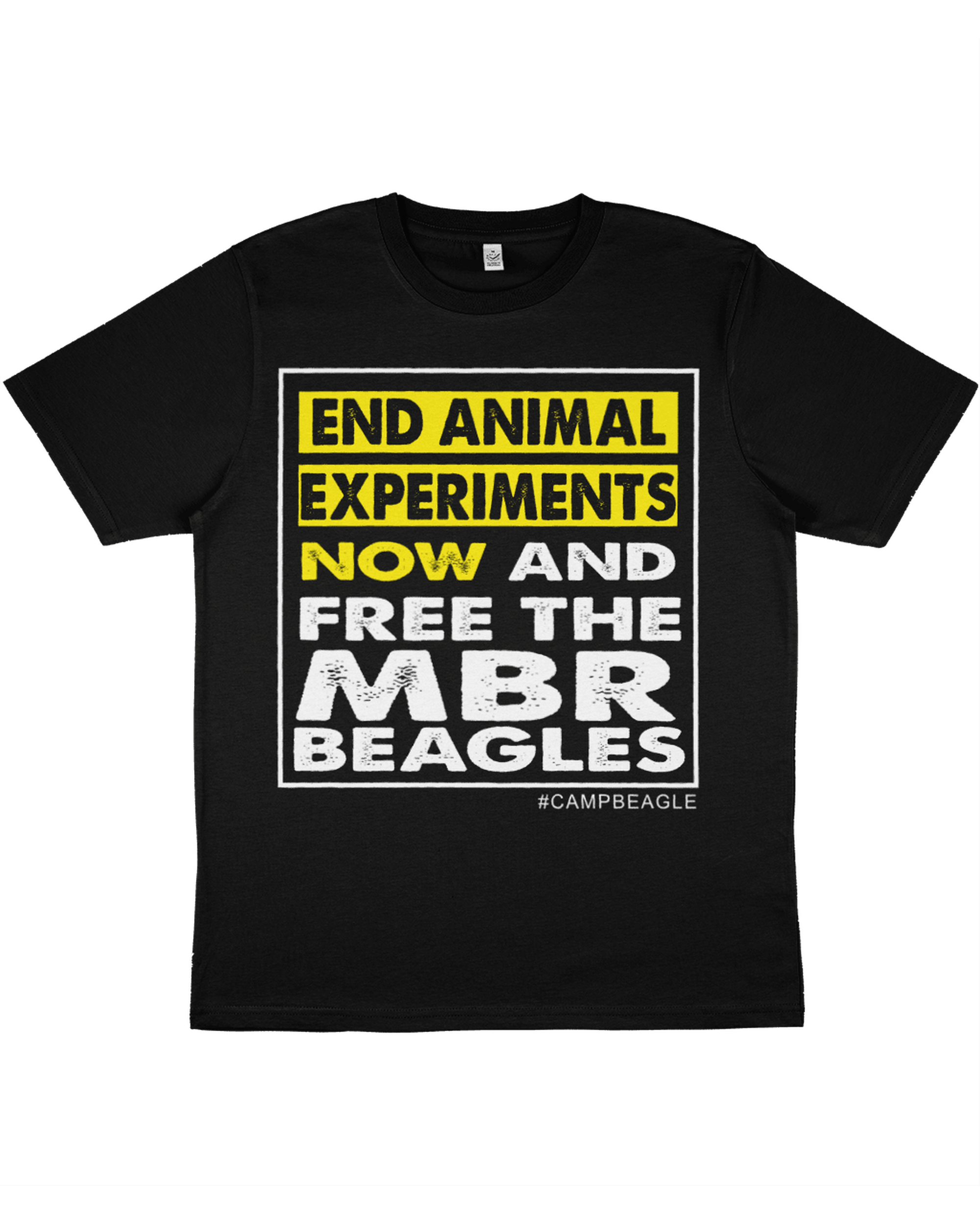 Camp Beagle Unisex T-shirt : End Experiments Now : Black/Yellow