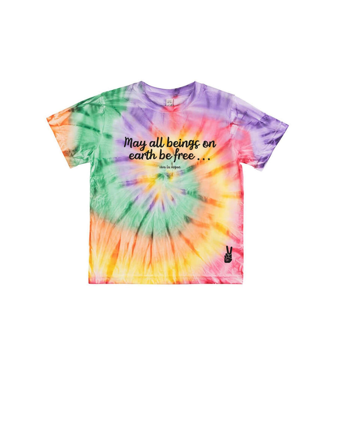 Rainbow tie-dye kids t-shirt with May all beings be free print