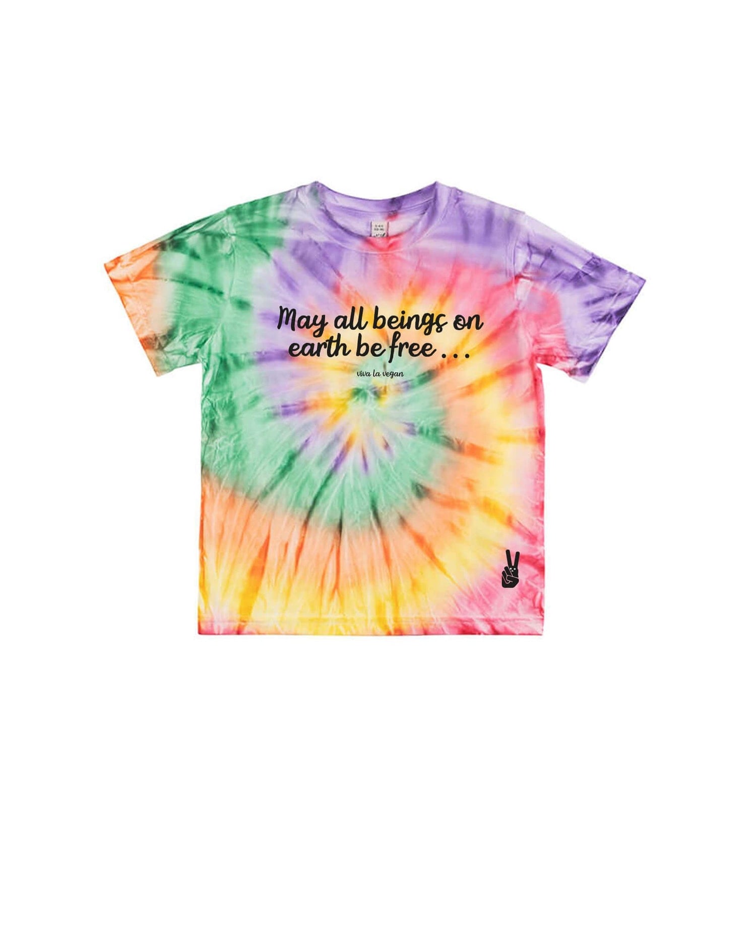Rainbow tie-dye kids t-shirt with May all beings be free print