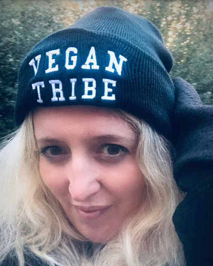 Vegan tribe beanie being worn. By eco-ethical brand Viva La Vegan