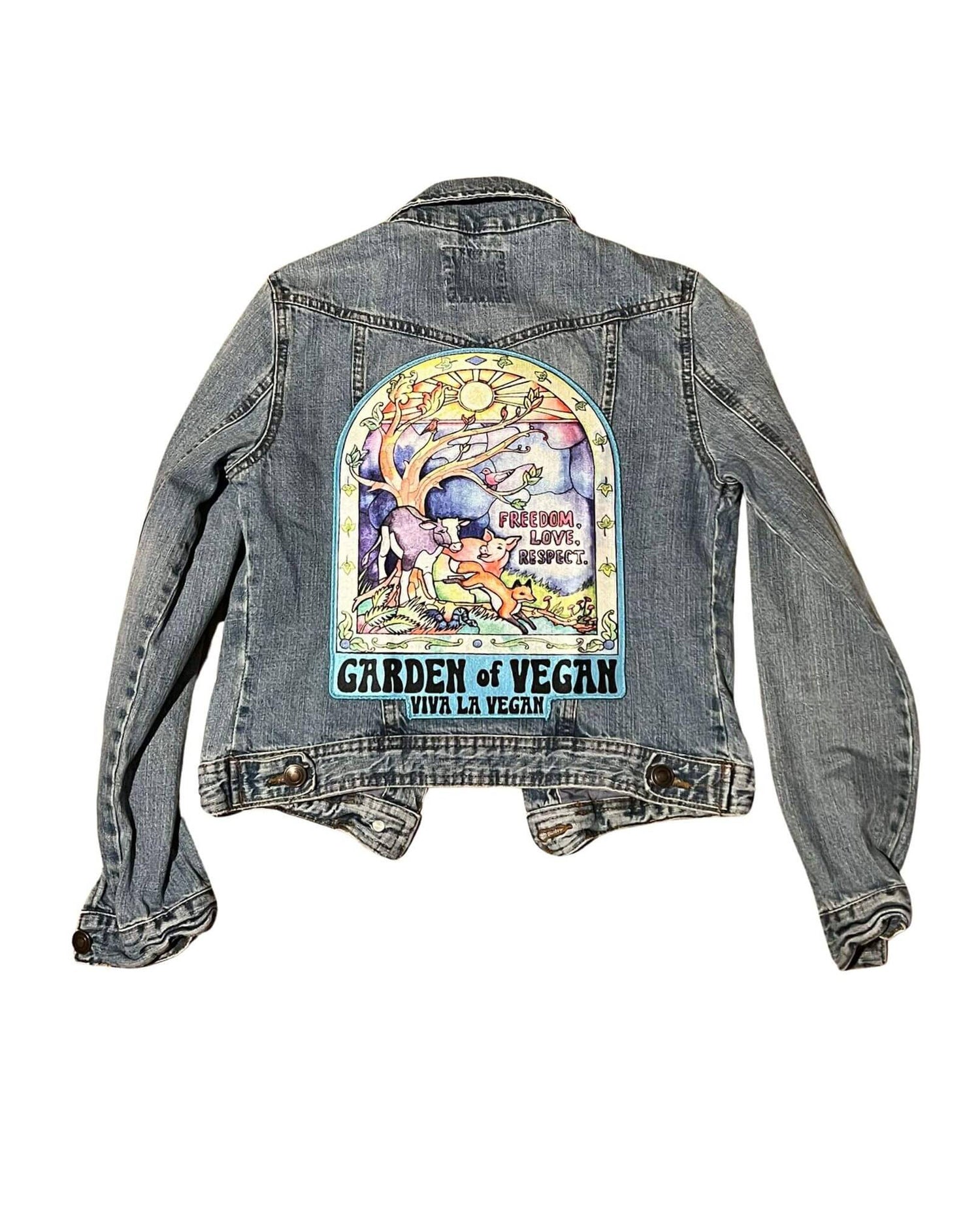 XL Garden of vegan patch. shown on the back of a size 6 denim jacket
