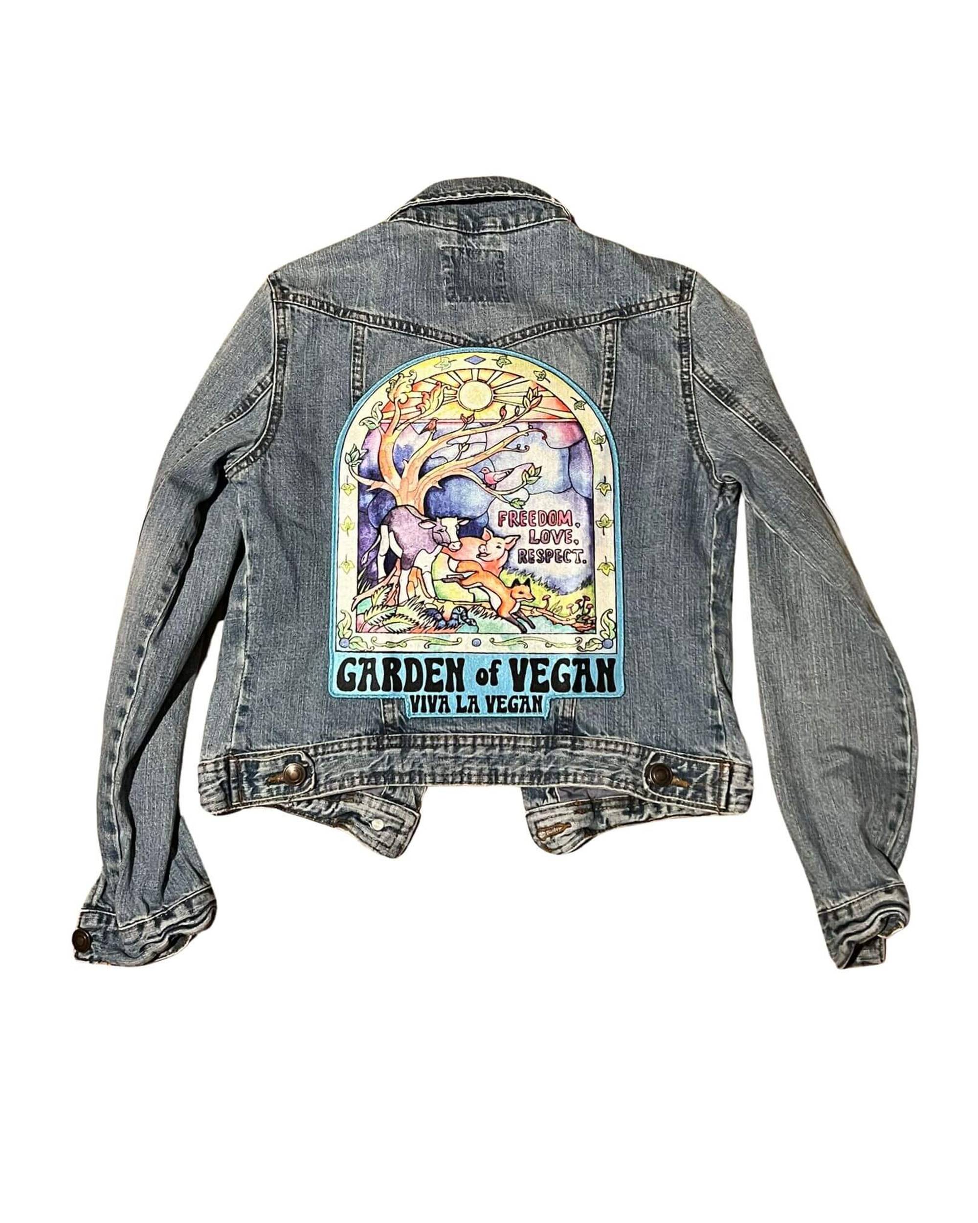 XL Garden of vegan patch. shown on the back of a size 6 denim jacket
