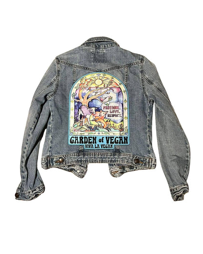 XL Garden of vegan patch. shown on the back of a size 6 denim jacket