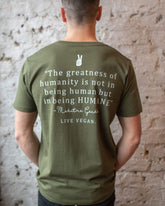 Model Wearing Human Being Vegan Statement Tshirt rear view