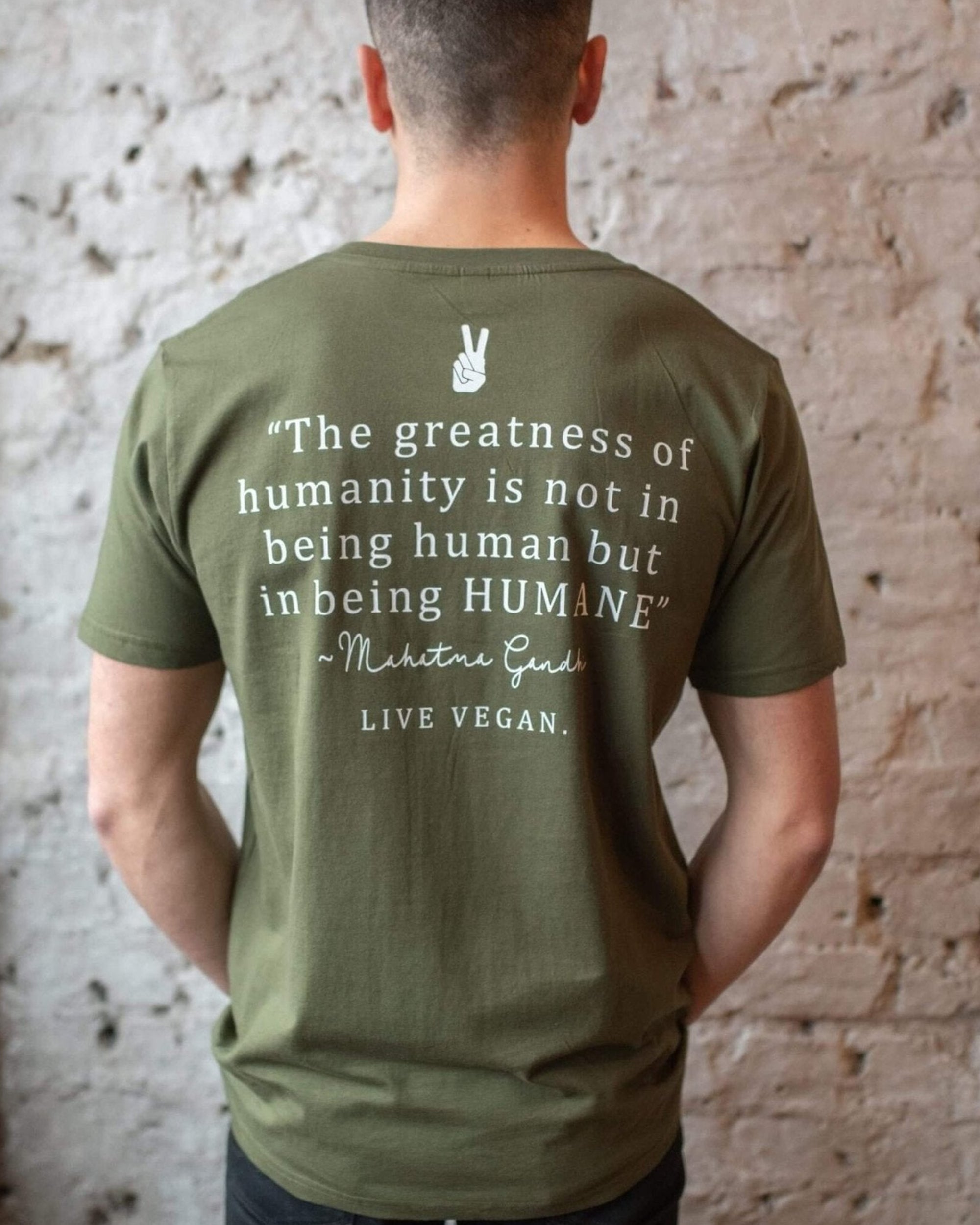Model Wearing Human Being Vegan Statement Tshirt rear view