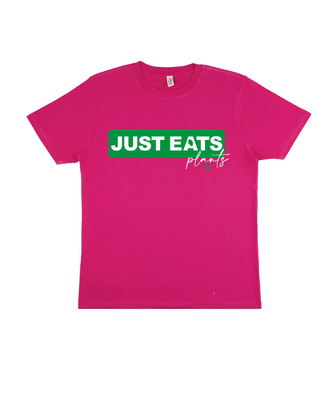 A flat lay photograpgh of a Pink Organic Cotton T-Shirt with a chest print with a graphic design stating "Just Eats plants".