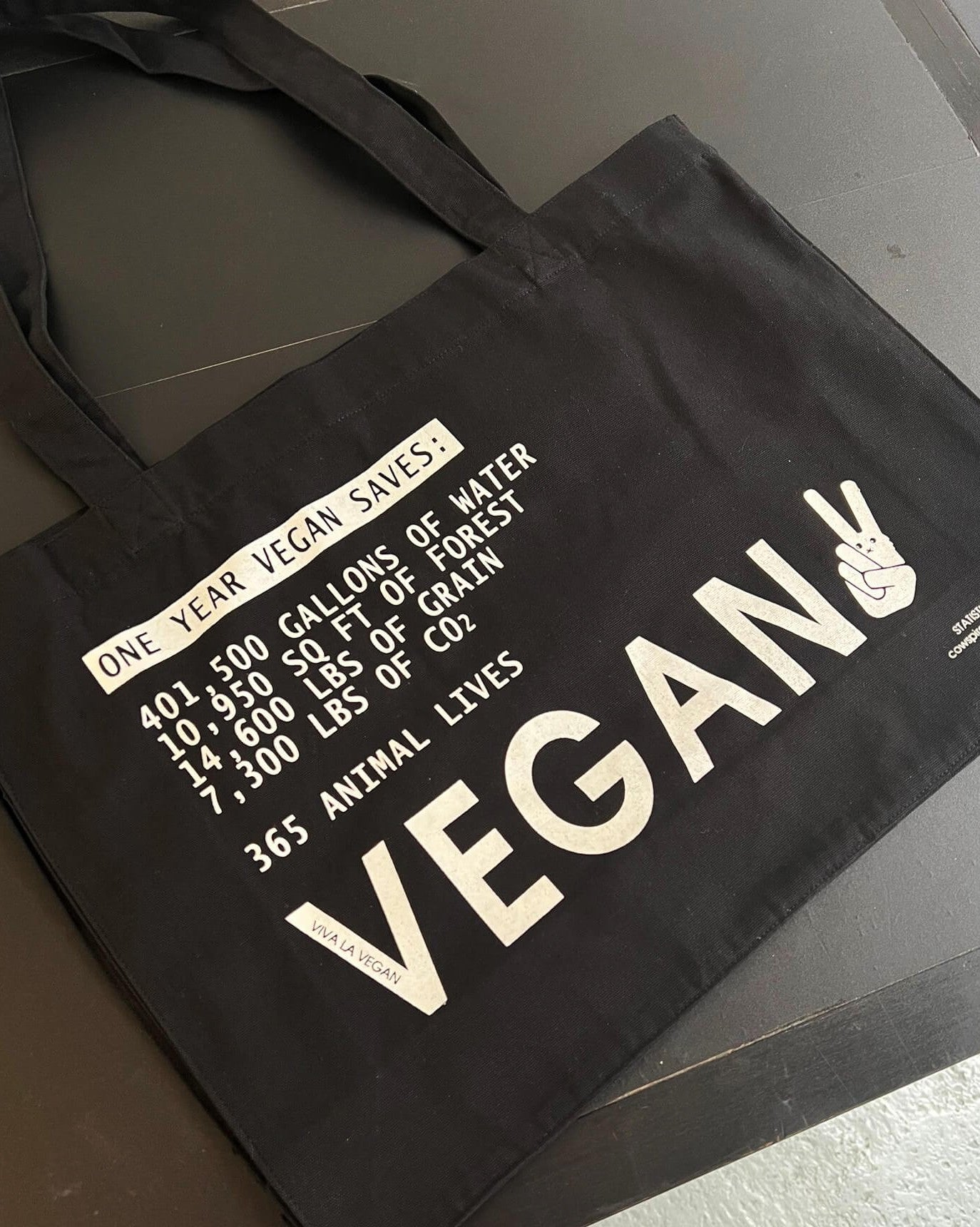 one your vegan saves bag, shown hot off the printing press