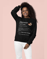 Smiling lady wearing a black pigoneer sweatshirt by Viva La Vegan