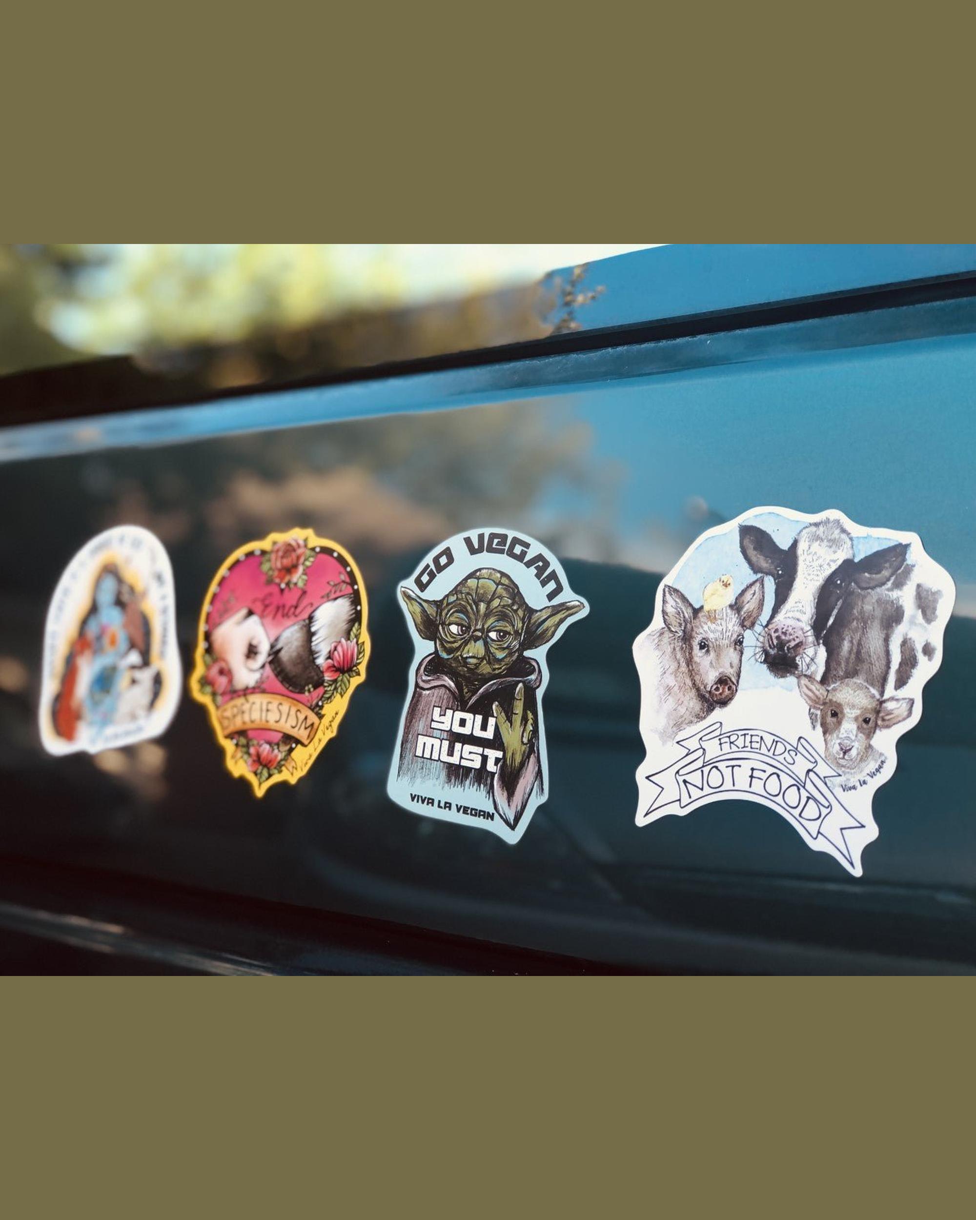 Shaped vegan magnets on car by Viva La Vegan