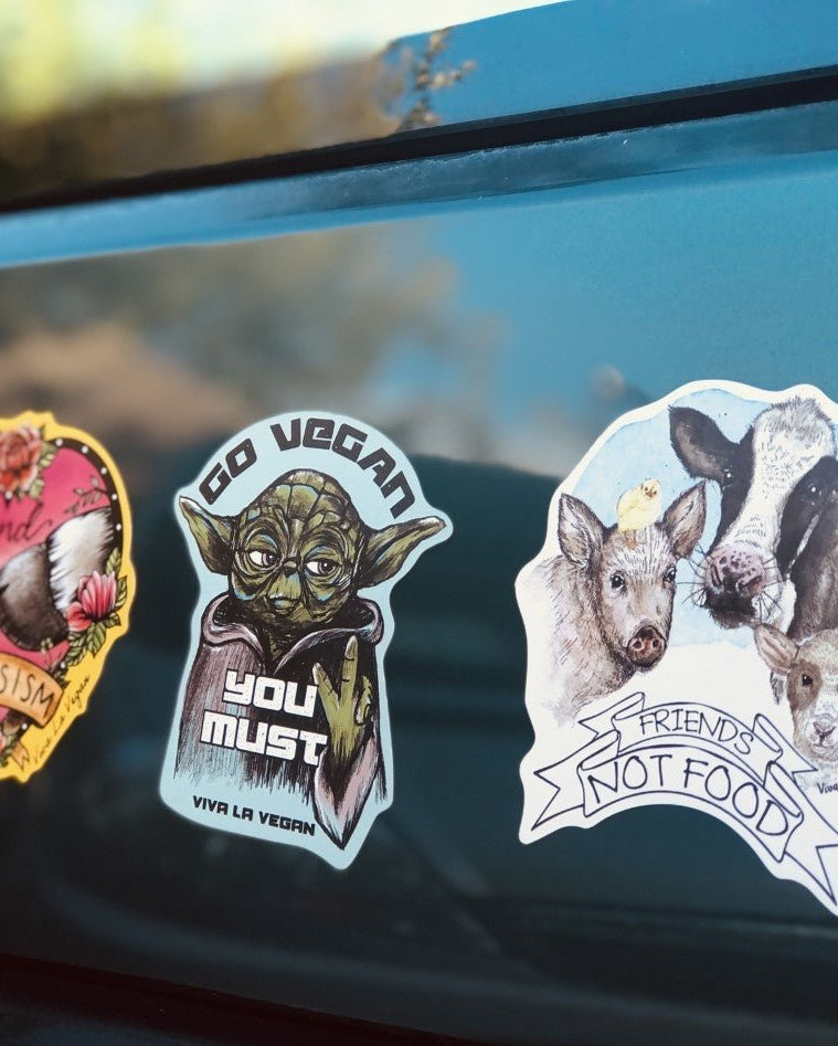 Shaped vegan magnets on car by Viva La Vegan