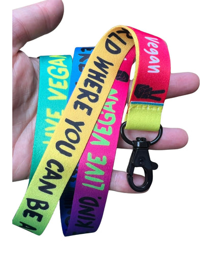 Printed rainbow coloured lanyard