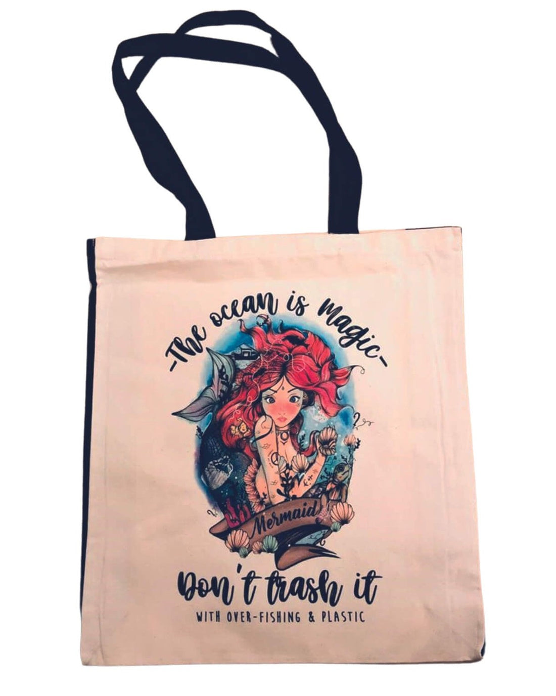 Mermaid bag with contrast black handles and gusset. by eco ethical brand Viva La Vegan